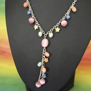 Premier Designs Pastel Star Faceted Cat's Eye Beaded Silver Tone Y Drop Necklace